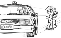 Size: 1767x1101 | Tagged: safe, scootaloo, twilight sparkle, pony, g4, back to the future, bipedal, crossover, delorean, monochrome, parody