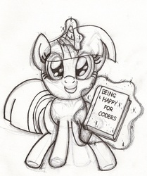 Size: 1312x1570 | Tagged: safe, artist:maddermike, twilight sparkle, g4, adorkable, book, cute, dork, female, looking at you, magic, monochrome, sitting, smiling, solo, telekinesis