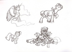 Size: 1710x1237 | Tagged: safe, artist:maddermike, applejack, big macintosh, princess celestia, rainbow dash, earth pony, pony, g4, male, monochrome, sketch, stallion, traditional art