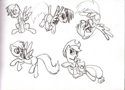 Size: 1715x1236 | Tagged: safe, artist:maddermike, applejack, rainbow dash, g4, butt, monochrome, plot, sketch, traditional art