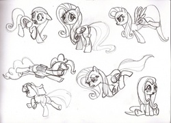 Size: 1715x1236 | Tagged: safe, artist:maddermike, fluttershy, pinkie pie, twilight sparkle, earth pony, pegasus, pony, unicorn, g4, butt, eyes closed, female, folded wings, grayscale, mare, monochrome, open mouth, open smile, plot, raised hoof, raised leg, rear view, scared, sitting, sketch, smiling, spread wings, traditional art, underhoof, unicorn twilight, wings