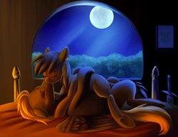 Size: 1925x1487 | Tagged: safe, artist:pixel-prism, oc, oc only, oc:chinook, oc:feldspar, earth pony, pegasus, pony, bed, cuddling, eyes closed, feldook, female, floppy ears, kiss on the lips, kissing, male, moon, night, on back, prone, shipping, snuggling, straight, underhoof, window