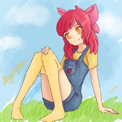 Size: 599x599 | Tagged: safe, artist:no-tobi, apple bloom, human, g4, adorabloom, clothes, colored pupils, cute, female, grass, humanized, light skin, missing shoes, overalls, sitting, socks, solo, thigh highs, young