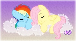 Size: 1000x534 | Tagged: safe, artist:raininess, fluttershy, rainbow dash, g4, cloud, filly, sleeping, younger