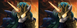 Size: 998x363 | Tagged: safe, artist:yakovlev-vad, princess celestia, g4, angry, armor, cross eye stereogram, epic, female, solo, stereoscopy