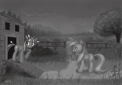 Size: 1280x897 | Tagged: safe, artist:shad3r, fluttershy, twilight sparkle, pegasus, pony, unicorn, g4, basket, chicken coop, cloud, feather, fence, grass, horn, mountain, path, signature, sky, tree, unicorn twilight, wings