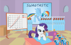 Size: 1800x1133 | Tagged: safe, artist:chubble-munch, rainbow dash, rarity, pegasus, pony, unicorn, g4, checkered floor, clothes, female, mare, plushie, sewing machine, shirt, simple background, swag