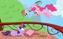 Size: 8000x5000 | Tagged: safe, artist:kittyhawk-contrail, pinkie pie, rainbow dash, twilight sparkle, earth pony, pegasus, pony, unicorn, g4, .ai available, absurd resolution, book, female, lesbian, magic, mare, open mouth, polyamory, pounce, shipping, telekinesis, this will end in pain, tongue out, twidashpie, unicorn twilight, vector