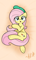 Size: 900x1500 | Tagged: dead source, safe, artist:lightningnickel, fluttershy, g4, bed, beret, cutiemark swap, female, solo, ummfluttershy, wingless