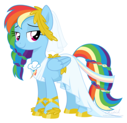 Size: 1448x1404 | Tagged: safe, artist:kumkrum, rainbow dash, pegasus, pony, g4, alternate hairstyle, clothes, dress, female, mare, rainbow dash always dresses in style, simple background, smiling, solo, transparent background, wedding dress
