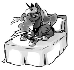 Size: 1198x1124 | Tagged: safe, artist:pepooni, princess luna, g4, bed, book, female, monochrome, reading, solo