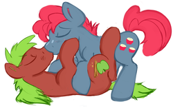 Size: 600x377 | Tagged: safe, artist:cottonsulk, apple cinnamon, apple split, g4, apple family member, blushing, cuddling, gay, incest, kiss on the lips, kissing, male, shipping, snuggling, splitcinnamon