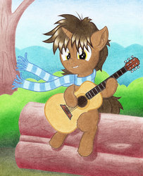 Size: 2000x2465 | Tagged: safe, artist:agamnentzar, oc, oc only, oc:daniel ingram, pony, chest fluff, clothes, daniel ingram, guitar, ponified, scarf, solo, traditional art