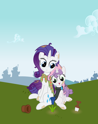 Size: 7074x9000 | Tagged: safe, artist:agamnentzar, artist:tim015, rarity, sweetie belle, pony, unicorn, g4, absurd resolution, duo, duo female, female, filly, flower, foal, garden, mare, messy hair, messy mane, siblings, sisters