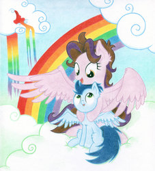 Size: 2000x2199 | Tagged: safe, artist:agamnentzar, soarin', g4, amy keating rogers, chest fluff, colt, cute, mother, ponified, rainbow, soren, stealth pun, traditional art