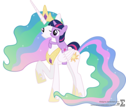 Size: 9540x8170 | Tagged: safe, artist:90sigma, princess celestia, twilight sparkle, alicorn, pony, unicorn, g4, absurd resolution, adorable face, cute, duo, duo female, female, filly, filly twilight sparkle, hug, mare, momlestia, motherly, ponies riding ponies, riding, simple background, transparent background, twilight riding celestia, unicorn twilight, vector, younger