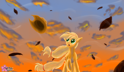 Size: 3948x2304 | Tagged: safe, artist:clouddg, applejack, earth pony, pony, g4, female, hat, leaves, sky background, solo, wind