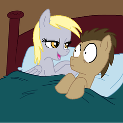 Size: 500x500 | Tagged: safe, artist:jcking101, artist:madmax, edit, derpy hooves, doctor whooves, time turner, pegasus, pony, g4, aftersex ponies, and that's how dinky hooves was made, bed, female, implied sex, male, mare, morning after, pillow, ship:doctorderpy, shipping, straight, surprised, wide eyes