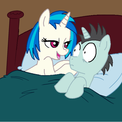 Size: 500x500 | Tagged: dead source, safe, artist:jcking101, artist:madmax, edit, dj pon-3, neon lights, rising star, vinyl scratch, pony, unicorn, g4, aftersex ponies, bed, duo, female, implied sex, male, mare, morning after, pillow, ship:vinylights, stallion, straight, surprised, wide eyes