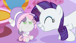 Size: 3840x2160 | Tagged: safe, artist:beavernator, rarity, sweetie belle, pony, unicorn, g4, adoragrumpy, baby, baby belle, baby pony, beavernator is trying to murder us, cute, dressup, female, filly, foal, grumpy belle, horn, mare, sweetie belle is not amused, unamused