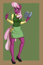 Size: 1200x1800 | Tagged: safe, artist:hivelordlusa, artist:kloudmutt, edit, cheerilee, earth pony, anthro, plantigrade anthro, g4, book, breasts, busty cheerilee, clothes, female, high heels, pointer, ponyrumi, shoes, side slit, skirt, solo