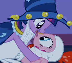 Size: 762x670 | Tagged: safe, screencap, pinkie pie, twilight sparkle, pony, g4, luna eclipsed, season 2, animal costume, animated, boop, chicken pie, chicken suit, clothes, costume, female, noseboop, out of context