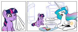 Size: 1000x412 | Tagged: safe, artist:muffinshire, princess celestia, twilight sparkle, comic:twilight's first day, g4, comic, filly, wip, younger