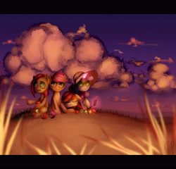 Size: 5000x4800 | Tagged: safe, artist:vardastouch, apple bloom, babs seed, scootaloo, sweetie belle, g4, absurd resolution, apple, cutie mark crusaders, hat, magic, sunset