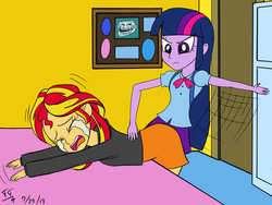 Size: 1600x1200 | Tagged: safe, artist:tomtornados, sunset shimmer, twilight sparkle, equestria girls, g4, abuse, bent over desk, colored, crying, discipline, family guy, kramer vs. kramer, male, parody, punishment, scene parody, shimmerbuse, spanking, teary eyes, trollface, whining