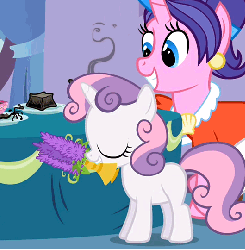 Size: 530x540 | Tagged: safe, screencap, cookie crumbles, hondo flanks, sweetie belle, pony, unicorn, g4, sisterhooves social, animated, credits, cute, diasweetes, family, flower, lupin, petting, rarity's parents, rob renzetti, ship:cookieflanks, smoke