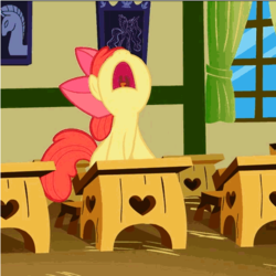 Size: 501x500 | Tagged: safe, screencap, apple bloom, g4, curtains, desk, female, filly, foal, open mouth, ponyville schoolhouse, solo, window