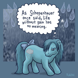 Size: 858x850 | Tagged: safe, artist:rajn, oc, oc only, earth pony, pony, g3, bow, female, mare, passepartout, rain, schopenhauer, solo, tail, tail bow, text, thought bubble