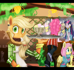 Size: 2500x2372 | Tagged: safe, artist:facerenon, applejack, fluttershy, pinkie pie, twilight sparkle, anthro, g4, cafe, clothes, food, ice cream, looking at you, milkshake, waitress, working