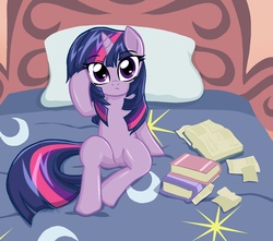 Size: 1182x1047 | Tagged: safe, artist:kaizenwerx, twilight sparkle, g4, alternate hairstyle, anatomically incorrect, bed, book, cute, featureless crotch, female, incorrect leg anatomy, looking at you, solo, twiabetes