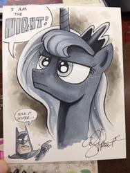 Size: 768x1024 | Tagged: safe, artist:andypriceart, princess luna, g4, batman, bust, crossover, dialogue, duo, i am the night, portrait, speech bubble, traditional art
