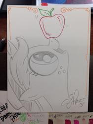 Size: 768x1024 | Tagged: safe, artist:andy price, applejack, g4, apple, balancing, female, ponies balancing stuff on their nose, solo, traditional art