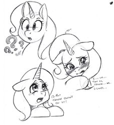 Size: 1163x1280 | Tagged: safe, artist:sdteddybear, trixie, pony, unicorn, g4, blushing, derp, dialogue, facial expressions, female, mare, monochrome, sad, solo