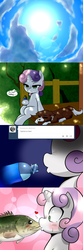 Size: 800x2400 | Tagged: safe, artist:starykrow, sweetie belle, winona, bass (fish), fish, ask the cmc, g4, accidental kiss, animal, ask, comic, fish fetish, kissing, sky, summer, surprise kiss, surprised, sweat, sweetiebass, tumblr, vertigo, water bottle