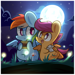 Size: 615x615 | Tagged: safe, artist:php56, rainbow dash, scootaloo, pegasus, pony, g4, chibi, cloud, grass, moon, mountain, night, open mouth, scootalove, smiling