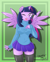 Size: 2000x2500 | Tagged: safe, artist:danmakuman, twilight sparkle, anthro, g4, clothes, female, skirt, solo, sweater, thigh highs, twilight sparkle (alicorn), wink