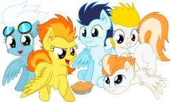 Size: 15026x9000 | Tagged: safe, artist:agamnentzar, artist:mactavish1996, fire streak, fleetfoot, soarin', spitfire, surprise, pegasus, pony, .svg available, absurd resolution, aviator glasses, blue coat, chest fluff, colt, cute, female, filly, filly fleetfoot, pie, simple background, sitting, smiling, tail, transparent background, vector, white mane, white tail, wonderbolts, younger
