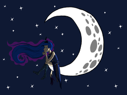 Size: 4000x3000 | Tagged: safe, artist:doorooz, princess luna, human, g4, checkered socks, clothes, crescent moon, female, humanized, light skin, moon, shoes, socks, solo, sword, tangible heavenly object, transparent moon, windswept mane