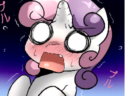 Size: 780x600 | Tagged: safe, artist:starykrow, sweetie belle, g4, animated, awkward, blushing, female, japanese, reaction image, solo, sweetiebass, vibrating
