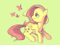 Size: 1040x780 | Tagged: safe, artist:karzahnii, fluttershy, butterfly, g4, female, flower, solo