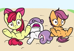 Size: 1280x886 | Tagged: safe, apple bloom, scootaloo, sweetie belle, g4, cutie mark crusaders, featureless crotch, female, filly