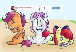 Size: 1280x886 | Tagged: safe, apple bloom, scootaloo, sweetie belle, g4, cutie mark crusaders, featureless crotch