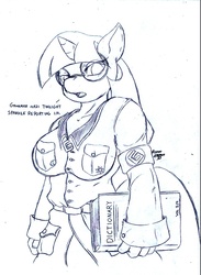 Size: 700x954 | Tagged: safe, artist:suirano, twilight sparkle, anthro, g4, arm band, big breasts, book, breasts, busty twilight sparkle, clothes, coat, dialogue, dictionary, female, glasses, grammar nazi, monochrome, open mouth, pi, pun, sketch, solo, visual pun