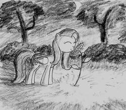 Size: 2263x1981 | Tagged: safe, artist:tggeko, fluttershy, g4, female, flower, monochrome, moon, solo, traditional art, tree