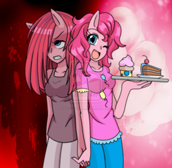 Size: 907x880 | Tagged: dead source, safe, artist:the88cherryice, pinkie pie, earth pony, anthro, g4, ambiguous facial structure, duality, duo, pinkamena diane pie, self ponidox