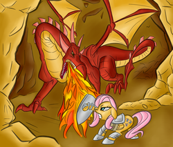 Size: 2400x2048 | Tagged: safe, artist:rubrony, artist:tess, basil, fluttershy, dragon, g4, armor, awesome, badass, cave, epic, fight, fire, fire breath, flutterbadass, shield